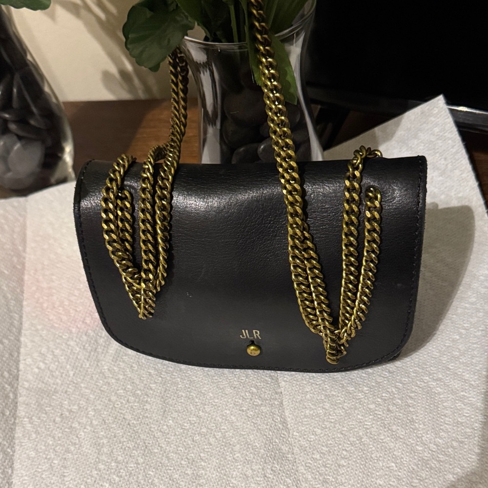 Black Leather Crossbody Bag with Gold Chain